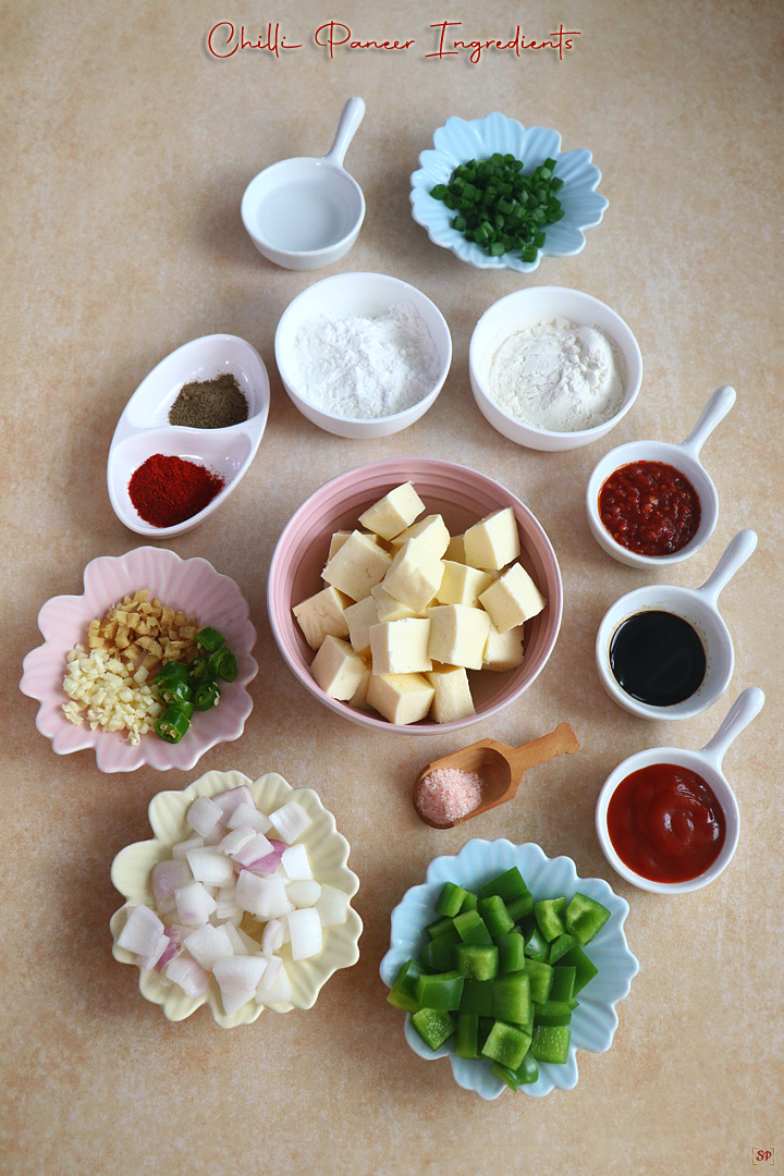 a display showing ingredients needed for making chilli paneer
