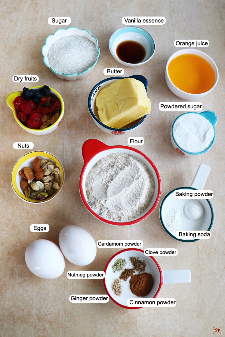 a display of ingredients needed to make fruit cake
