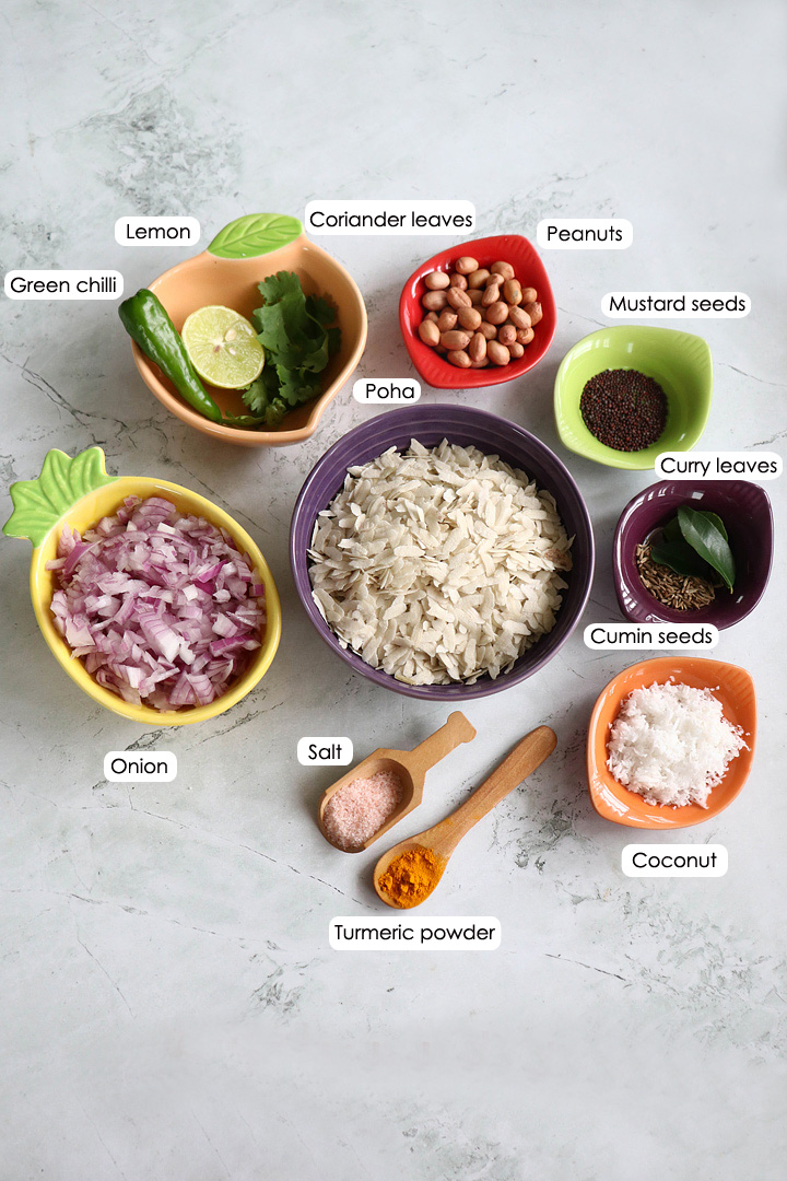 a display of ingredients needed to make poha recipe