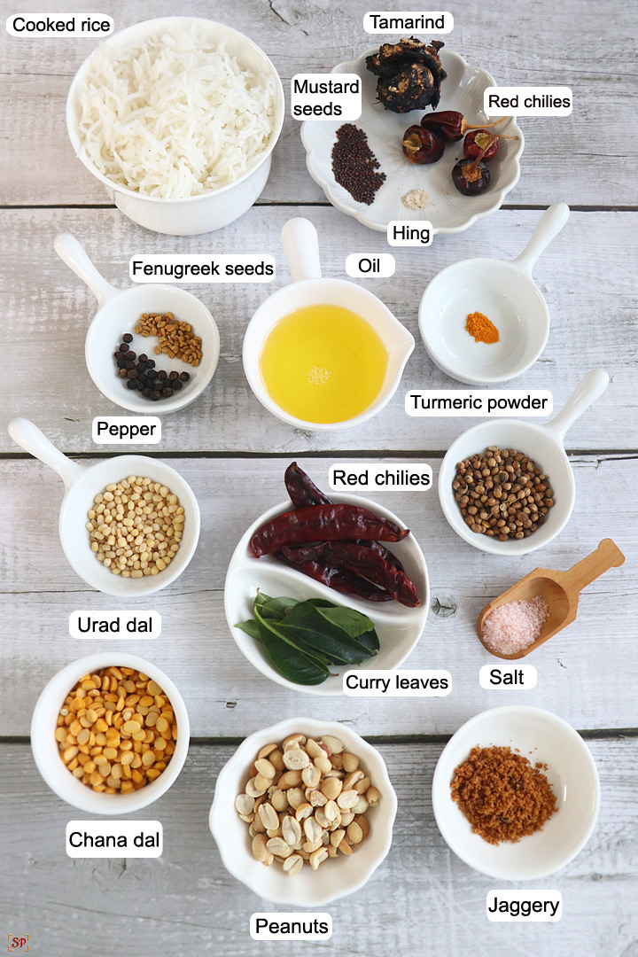 a display of ingredients needed for making puliyogare