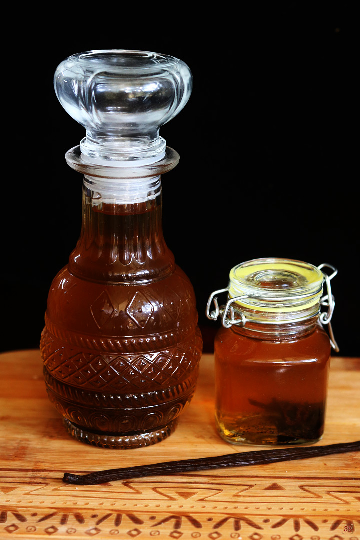vanilla extract stored in a glass bottle
