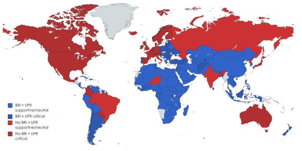 A map of the world shows various countries colored in blue, red, and dark red.